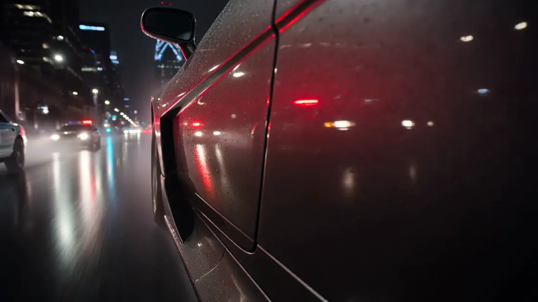 Lateral de un coche oscuro con reflejos rojos