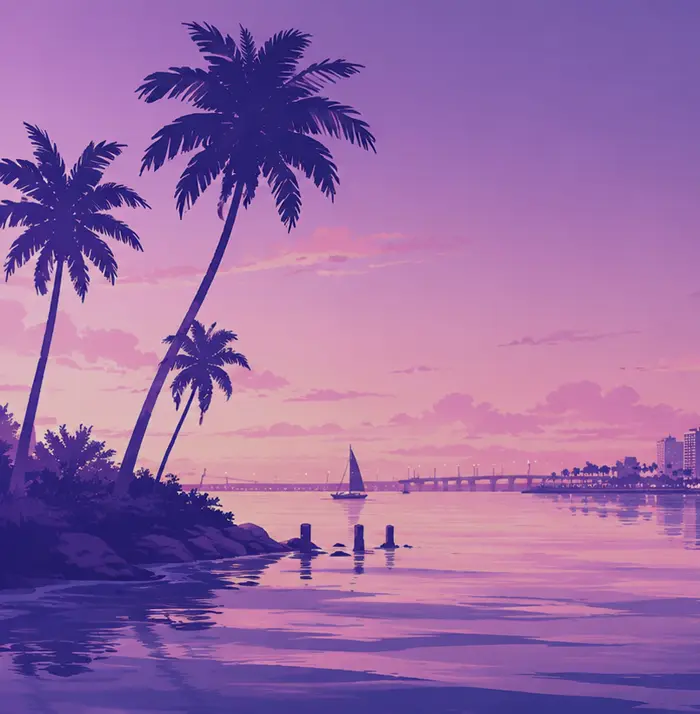 Bahía con palmeras al atardecer